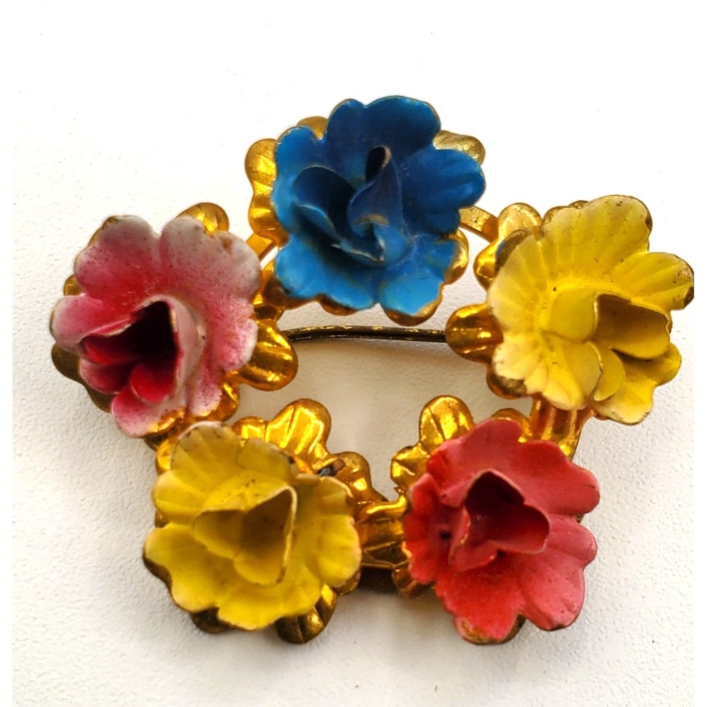Vintage Signed 'Austria' Painted Flowers Goldtone Floral Spray Pin Brooch